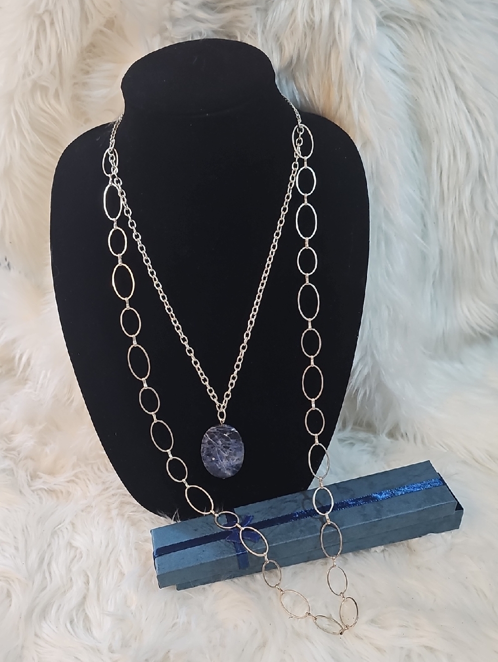 Express Silver-Tone Layered Necklace with Blue Stone Pendant
